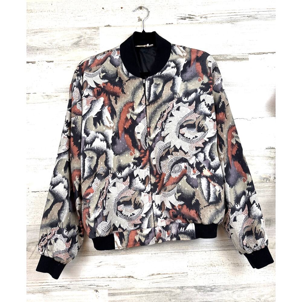Alia Mens S Black Multi Abstract Dragon Vintage Lightweight Bomber Jacket